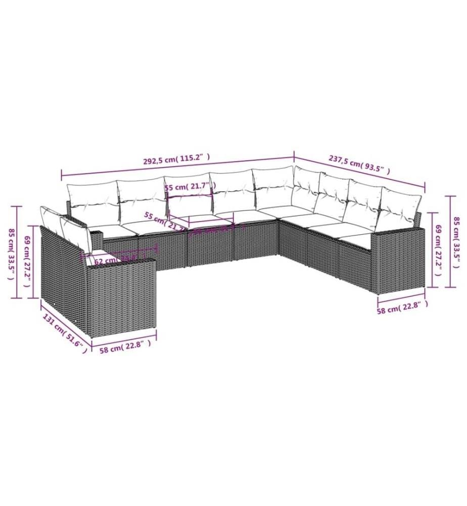 10-tlg. Garten-Sofagarnitur mit Kissen Schwarz Poly Rattan