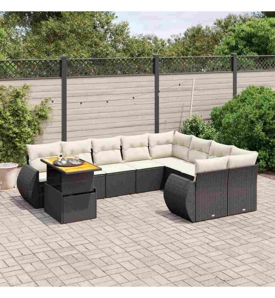 10-tlg. Garten-Sofagarnitur mit Kissen Schwarz Poly Rattan