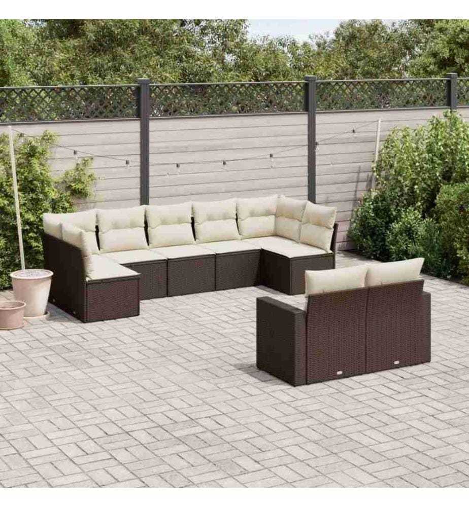 9-tlg. Garten-Sofagarnitur mit Kissen Braun Poly Rattan