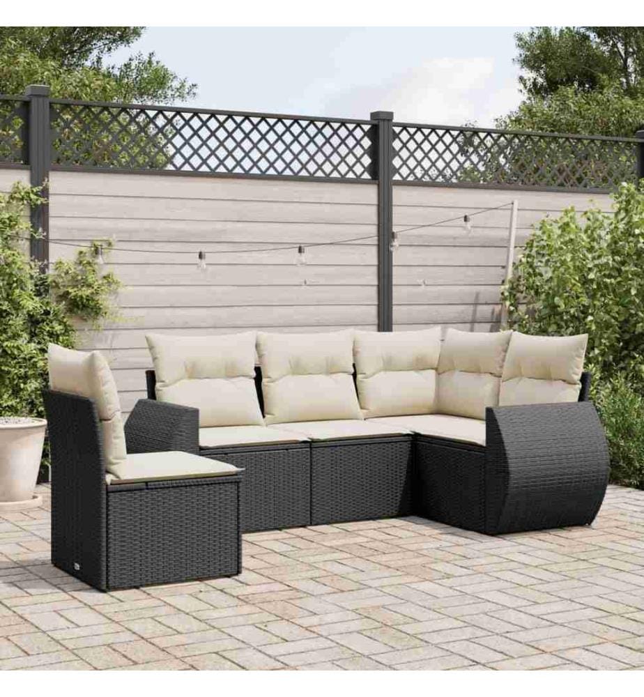5-tlg. Garten-Sofagarnitur mit Kissen Schwarz Poly Rattan