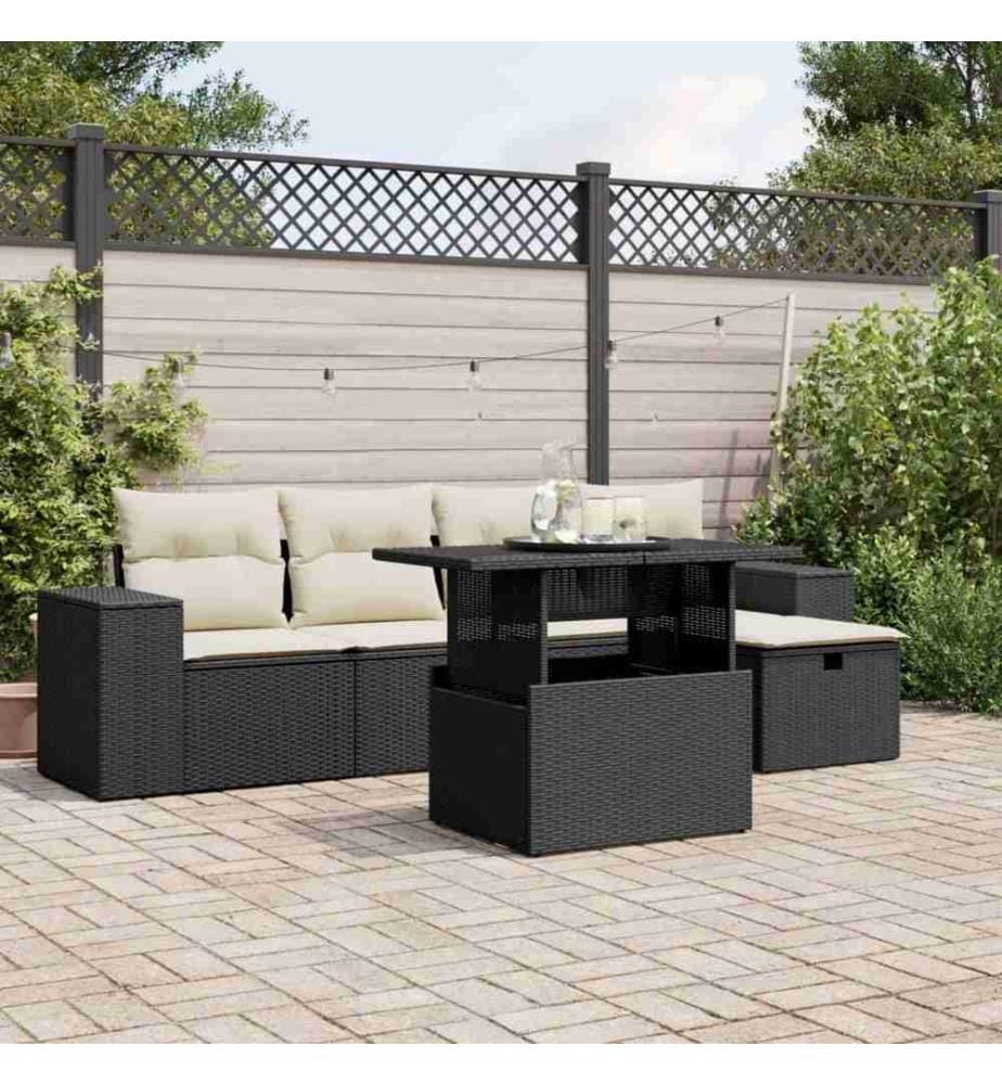 6-tlg. Garten-Sofagarnitur mit Kissen Schwarz Poly Rattan