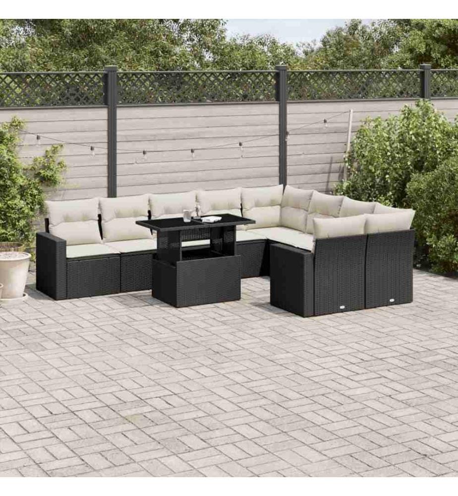 10-tlg. Garten-Sofagarnitur mit Kissen Schwarz Poly Rattan