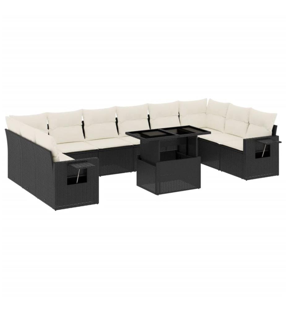 11-tlg. Garten-Sofagarnitur mit Kissen Schwarz Poly Rattan