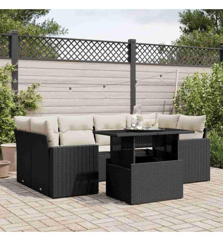 7-tlg. Garten-Sofagarnitur mit Kissen Schwarz Poly Rattan