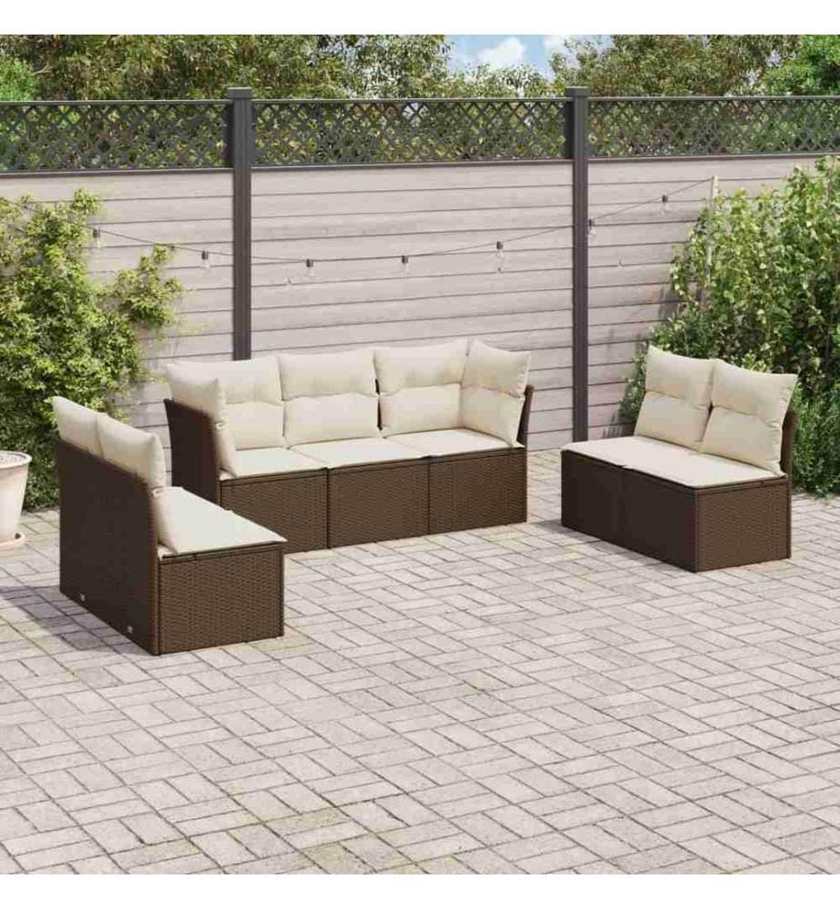7-tlg. Garten-Sofagarnitur mit Kissen Braun Poly Rattan