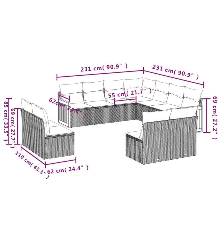 11-tlg. Garten-Sofagarnitur mit Kissen Schwarz Poly Rattan