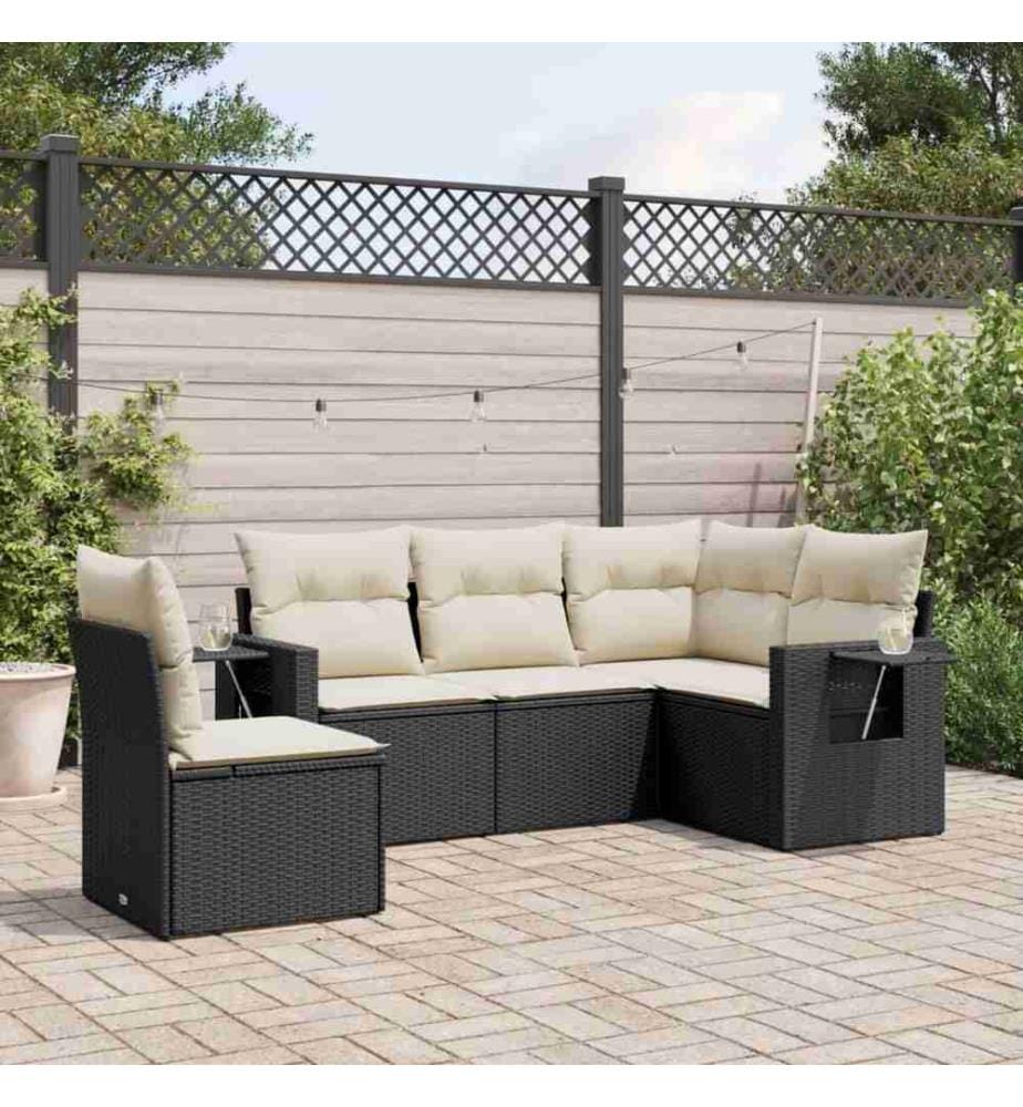 5-tlg. Garten-Sofagarnitur mit Kissen Schwarz Poly Rattan