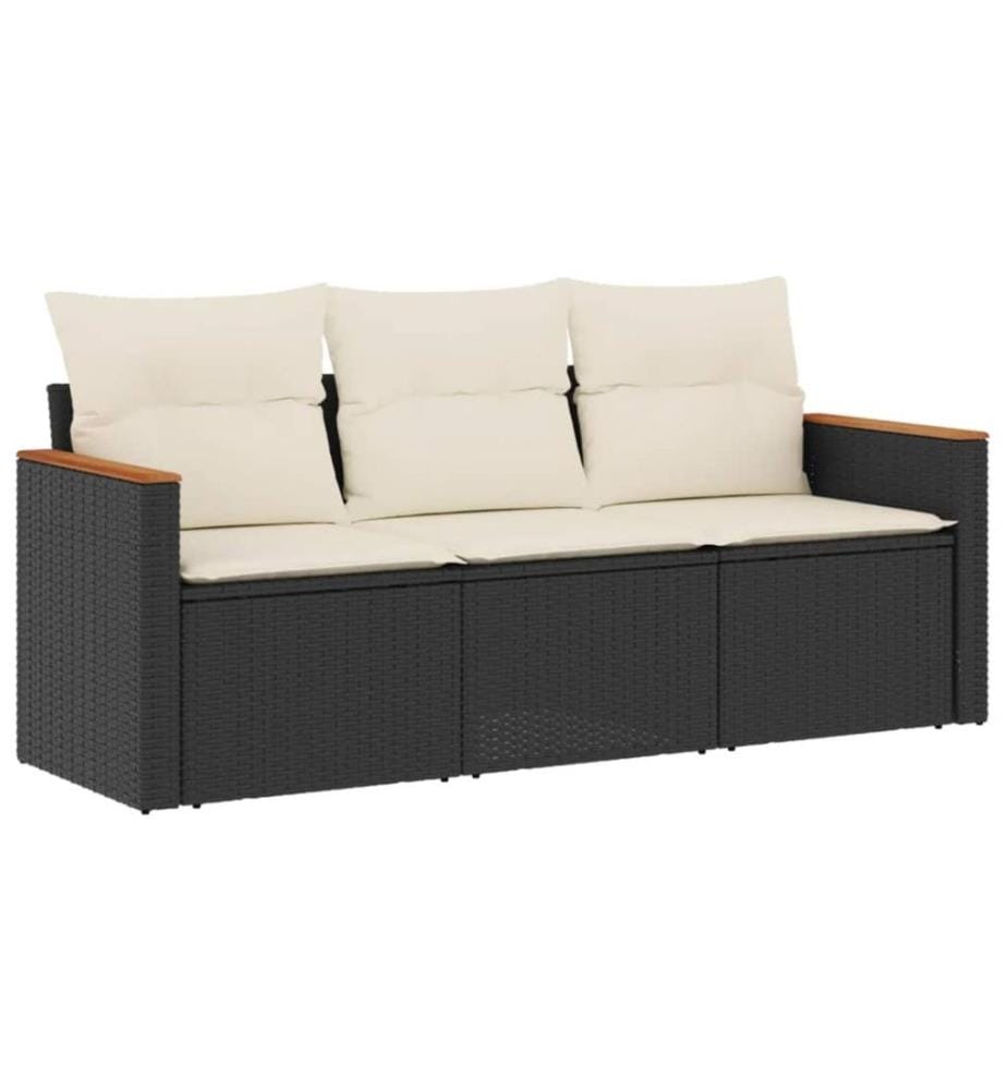 3-tlg. Garten-Sofagarnitur mit Kissen Schwarz Poly Rattan