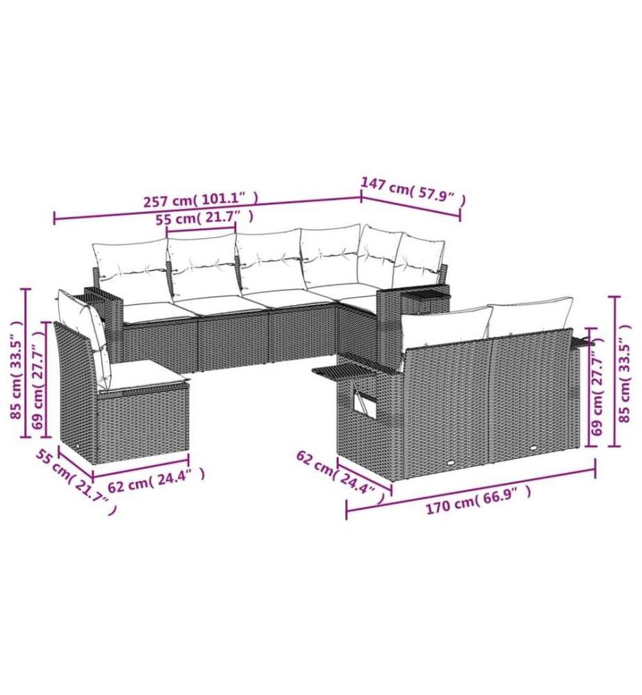 8-tlg. Garten-Sofagarnitur mit Kissen Braun Poly Rattan