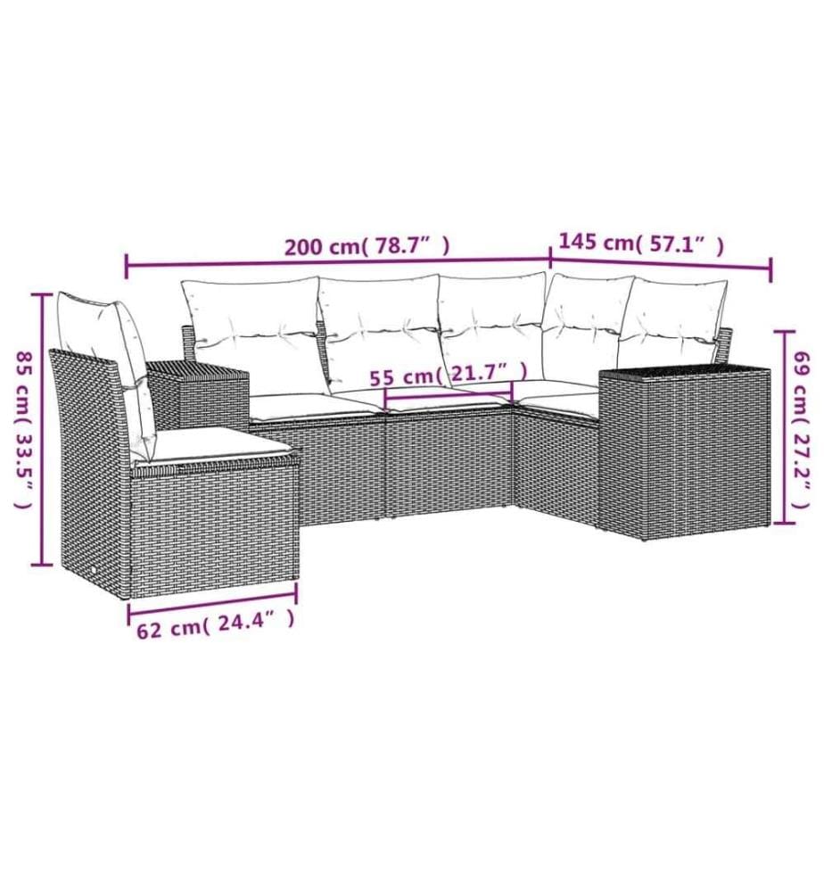 5-tlg. Garten-Sofagarnitur mit Kissen Schwarz Poly Rattan