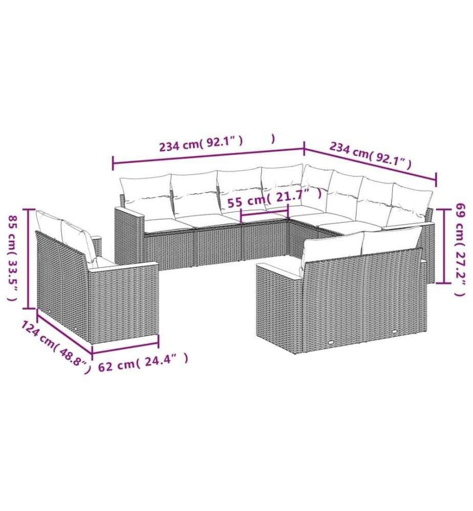 11-tlg. Garten-Sofagarnitur mit Kissen Schwarz Poly Rattan
