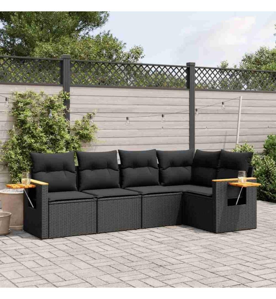 5-tlg. Garten-Sofagarnitur mit Kissen Schwarz Poly Rattan