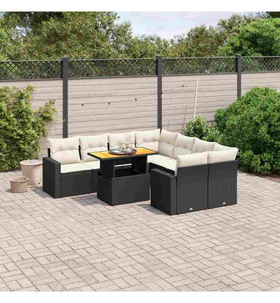 9-tlg. Garten-Sofagarnitur mit Kissen Schwarz Poly Rattan