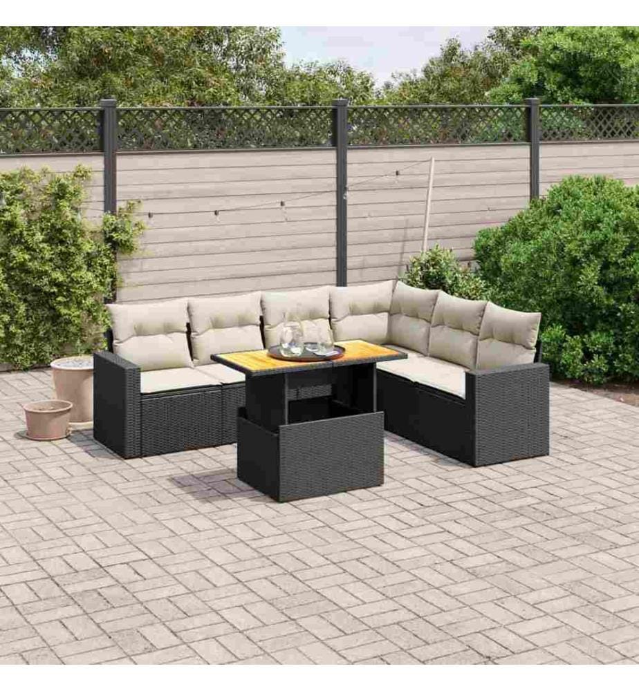 7-tlg. Garten-Sofagarnitur mit Kissen Schwarz Poly Rattan