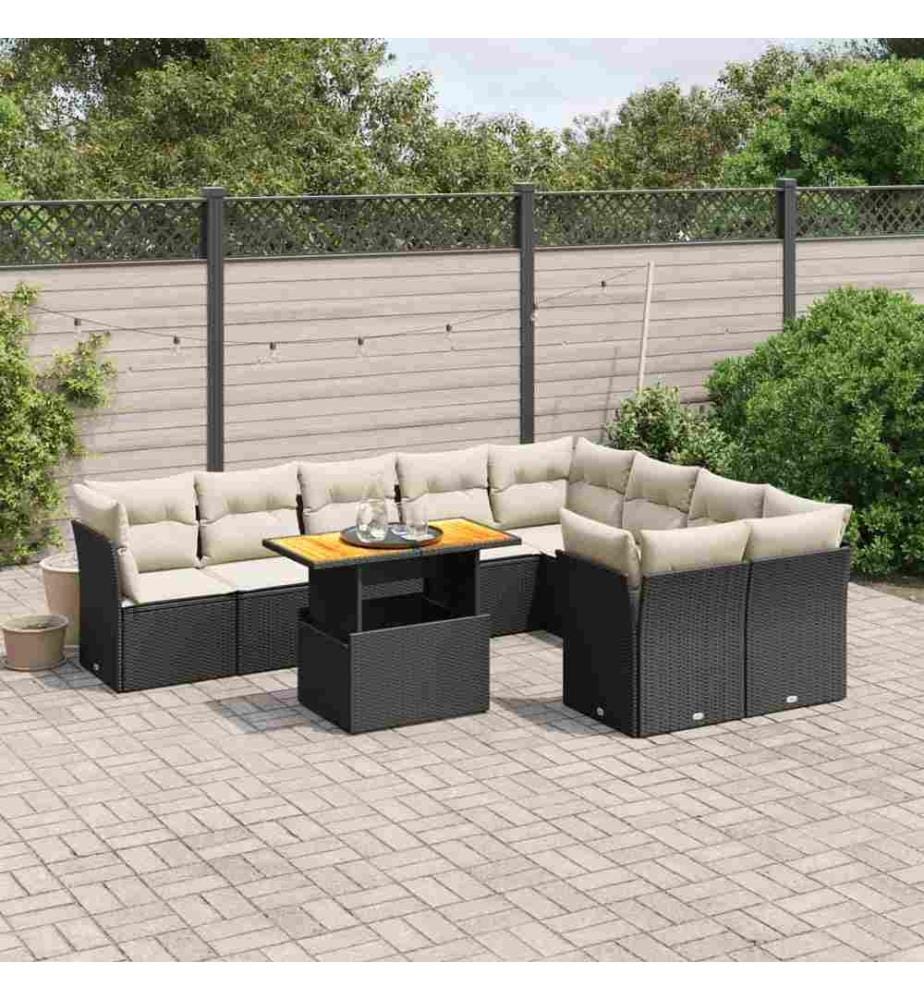 10-tlg. Garten-Sofagarnitur mit Kissen Schwarz Poly Rattan