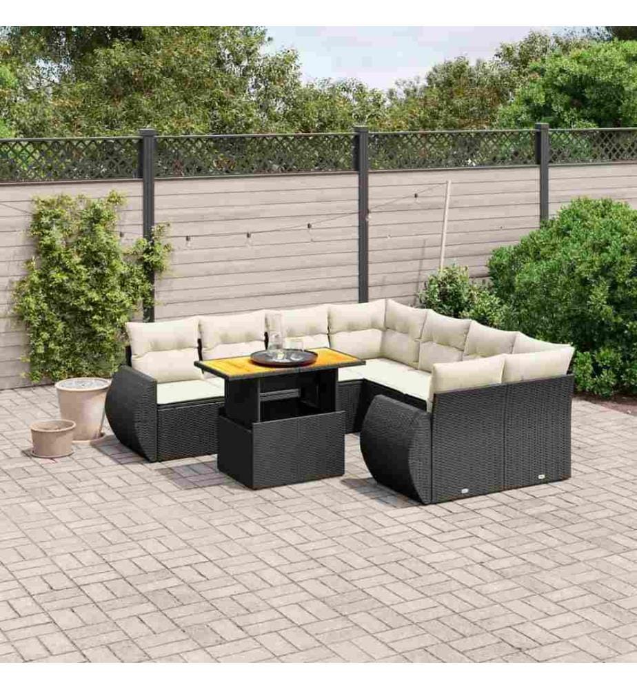 9-tlg. Garten-Sofagarnitur mit Kissen Schwarz Poly Rattan