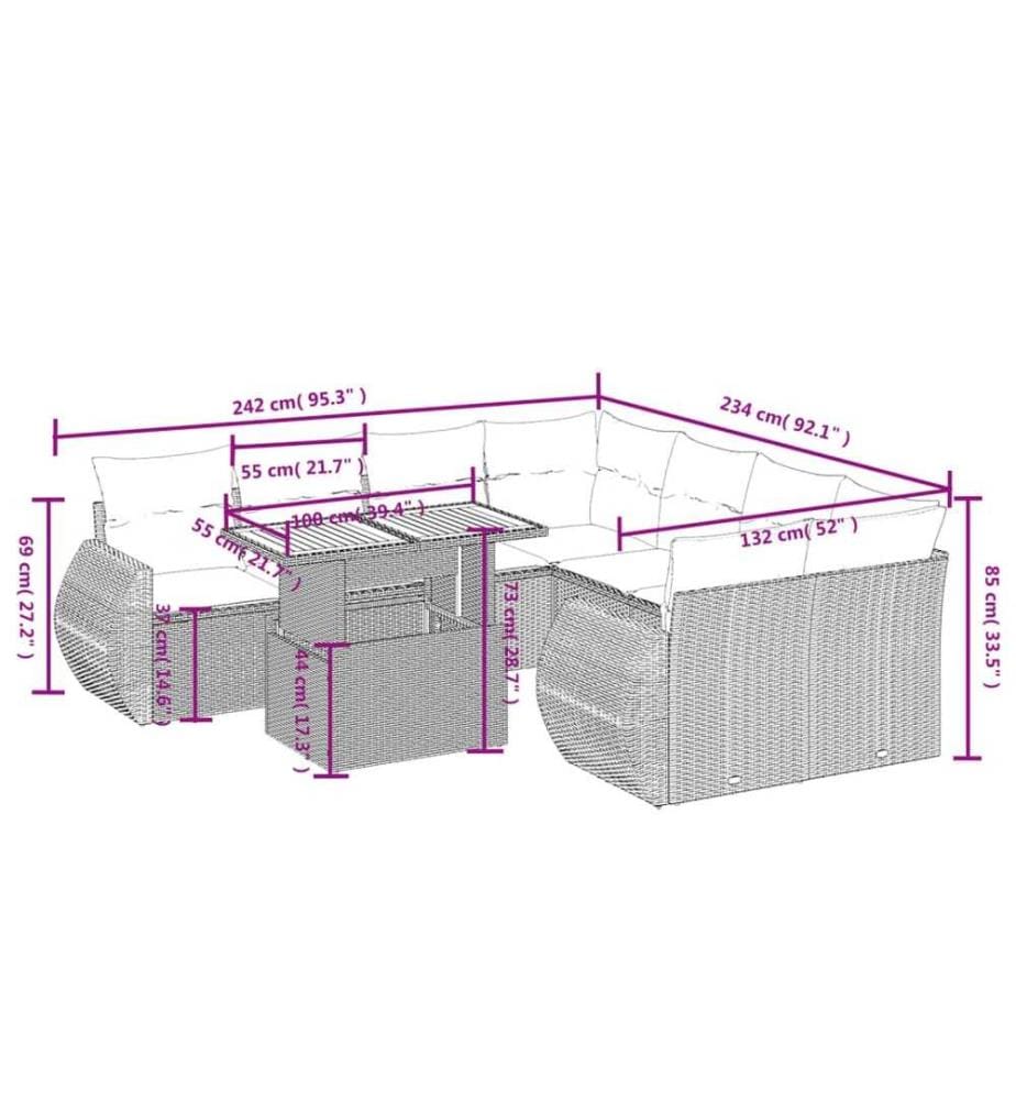 9-tlg. Garten-Sofagarnitur mit Kissen Schwarz Poly Rattan