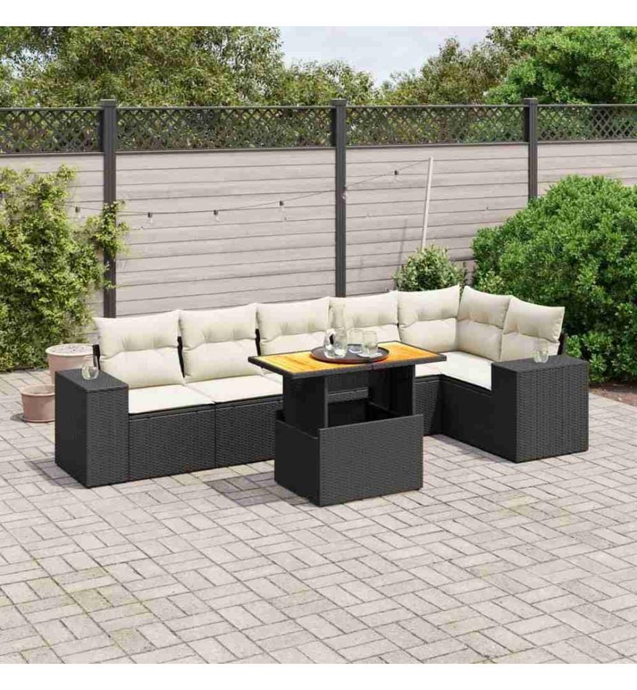 7-tlg. Garten-Sofagarnitur mit Kissen Schwarz Poly Rattan