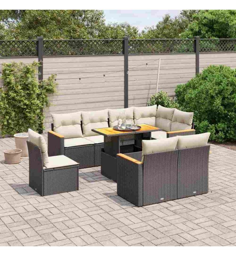 9-tlg. Garten-Sofagarnitur mit Kissen Schwarz Poly Rattan
