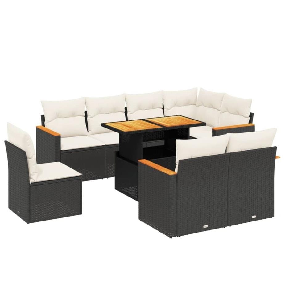 9-tlg. Garten-Sofagarnitur mit Kissen Schwarz Poly Rattan