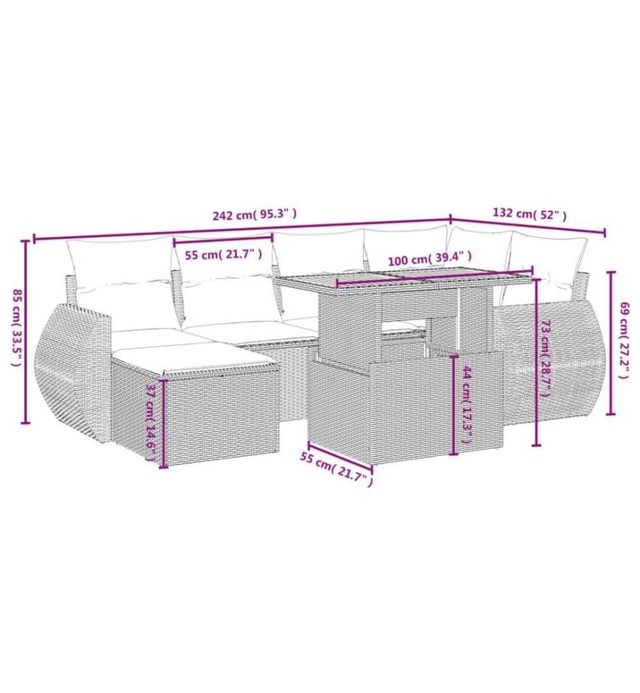 7-tlg. Garten-Sofagarnitur mit Kissen Schwarz Poly Rattan