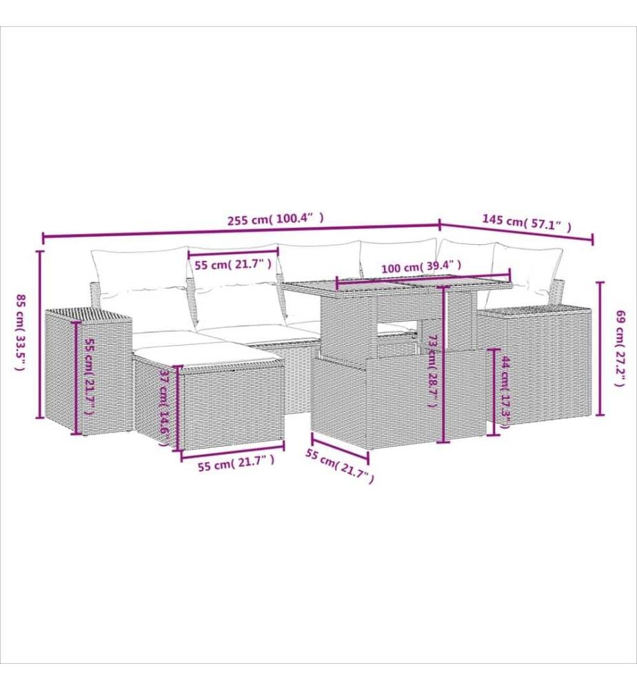 7-tlg. Garten-Sofagarnitur mit Kissen Schwarz Poly Rattan
