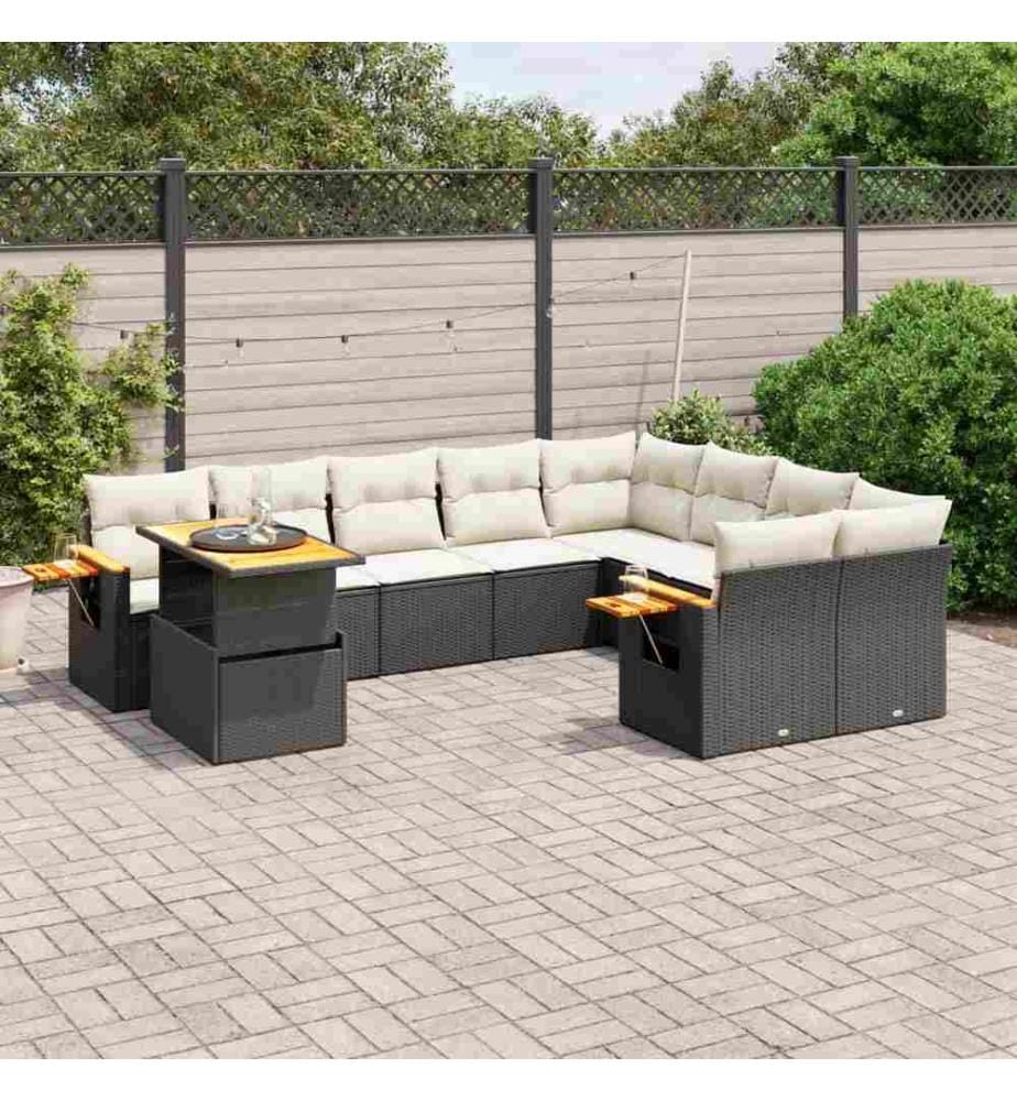 10-tlg. Garten-Sofagarnitur mit Kissen Schwarz Poly Rattan