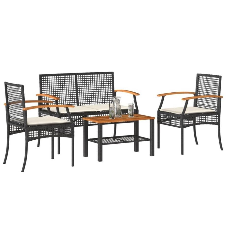 4-tlg. Garten-Lounge-Set mit Kissen Schwarz Poly Rattan