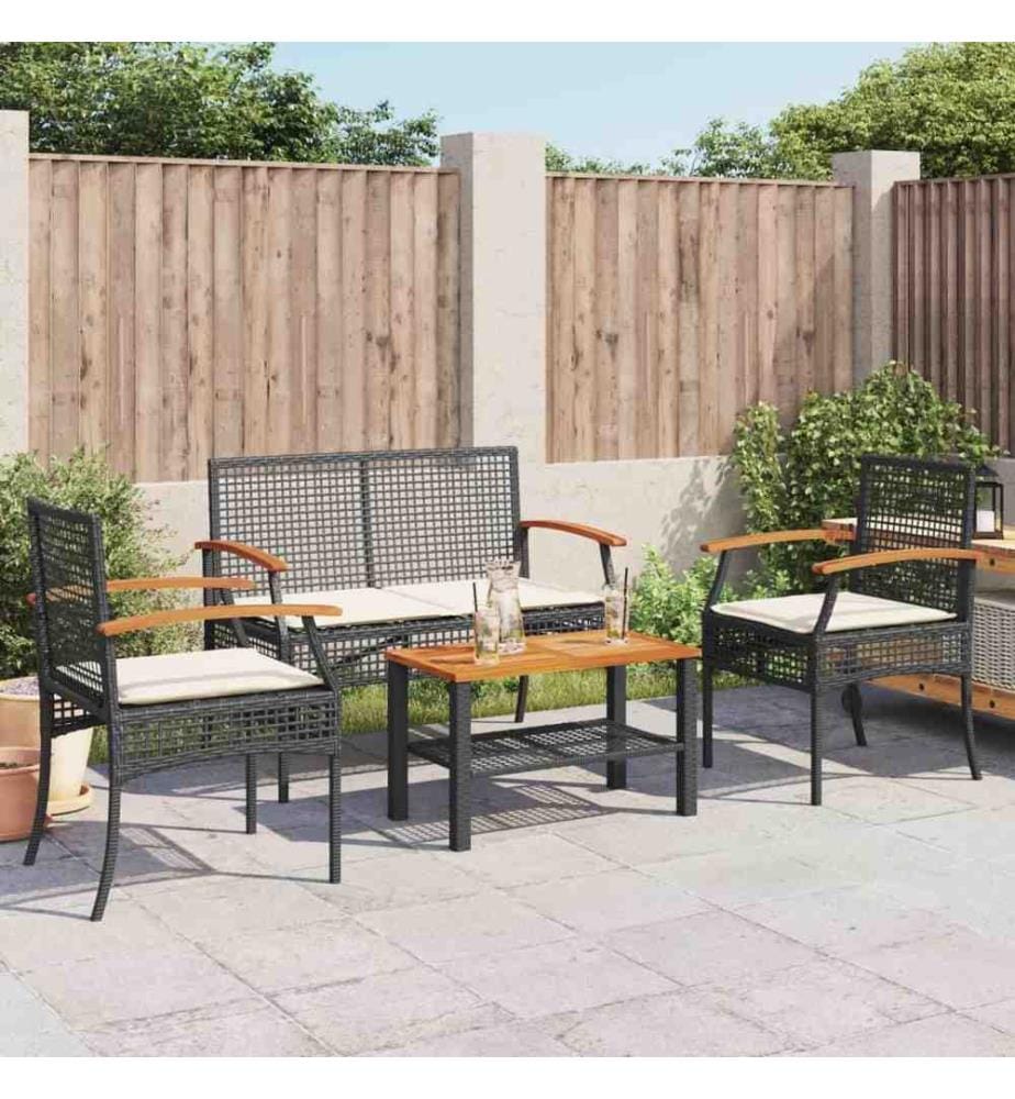 4-tlg. Garten-Lounge-Set mit Kissen Schwarz Poly Rattan