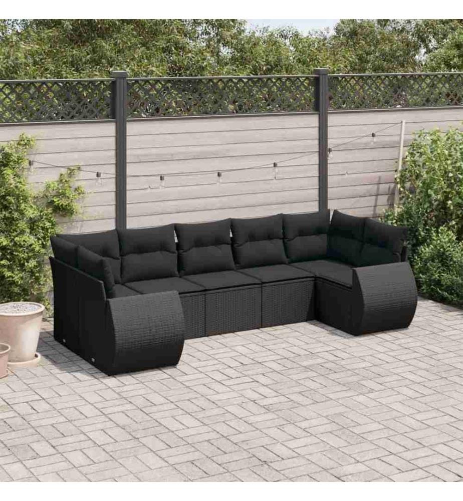 7-tlg. Garten-Sofagarnitur mit Kissen Schwarz Poly Rattan