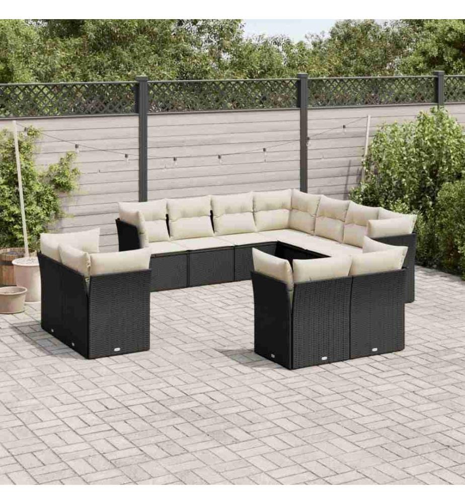 11-tlg. Garten-Sofagarnitur mit Kissen Schwarz Poly Rattan