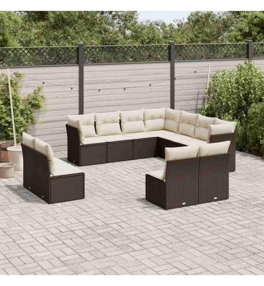 11-tlg. Garten-Sofagarnitur mit Kissen Braun Poly Rattan