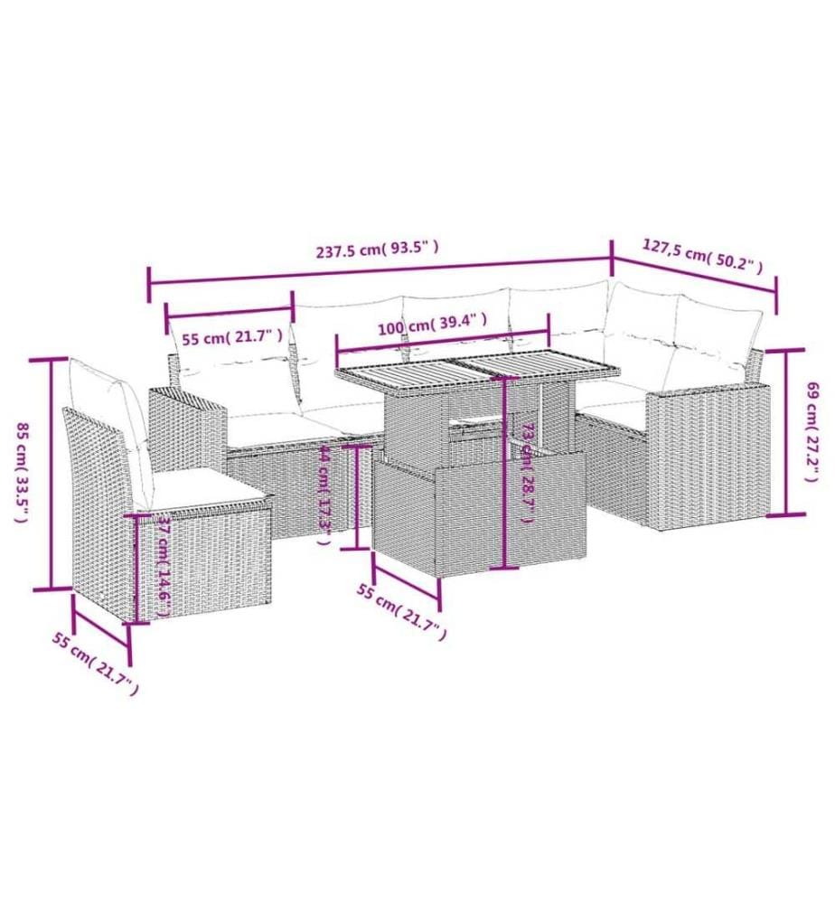 7-tlg. Garten-Sofagarnitur mit Kissen Schwarz Poly Rattan