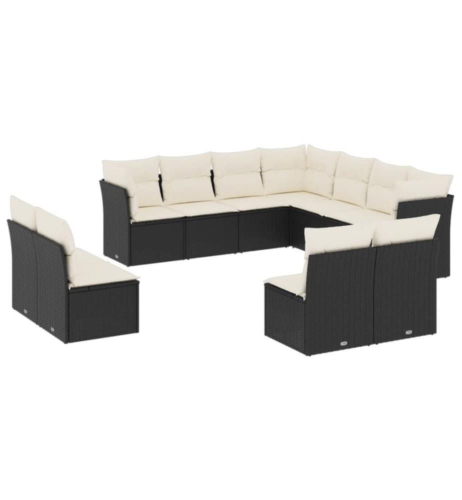 11-tlg. Garten-Sofagarnitur mit Kissen Schwarz Poly Rattan