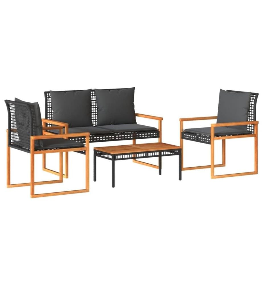 4-tlg. Garten-Lounge-Set mit Kissen Schwarz Poly Rattan