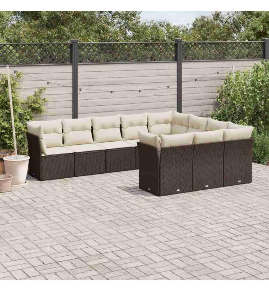 10-tlg. Garten-Sofagarnitur mit Kissen Braun Poly Rattan