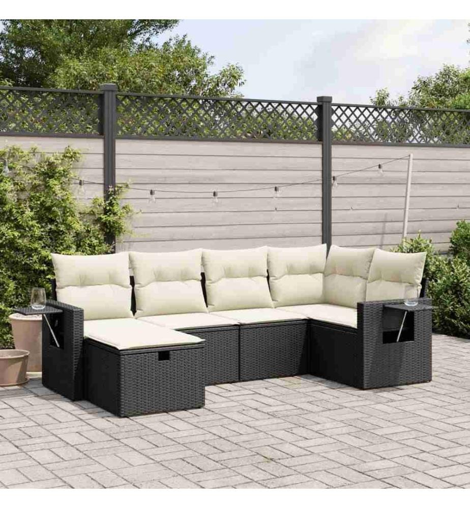 6-tlg. Garten-Sofagarnitur mit Kissen Schwarz Poly Rattan