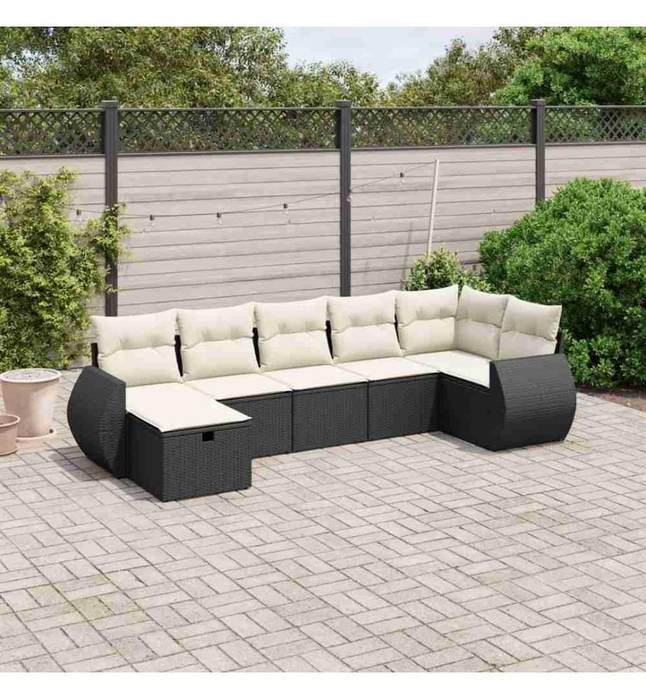 7-tlg. Garten-Sofagarnitur mit Kissen Schwarz Poly Rattan