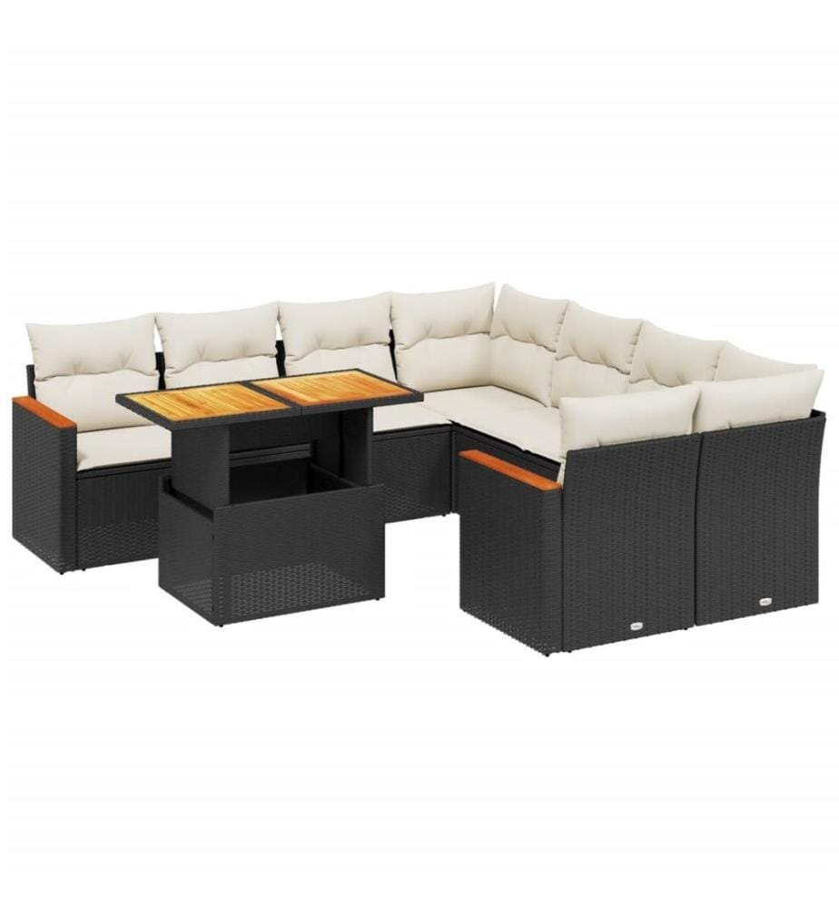 9-tlg. Garten-Sofagarnitur mit Kissen Schwarz Poly Rattan