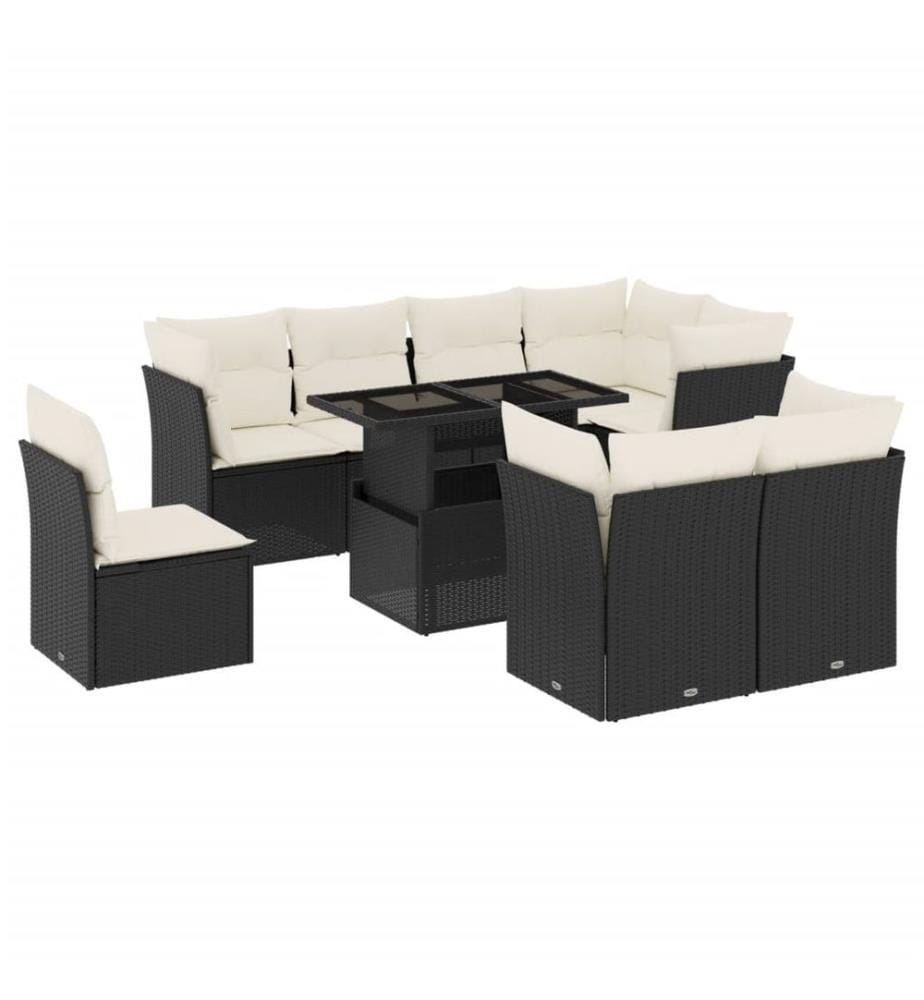 9-tlg. Garten-Sofagarnitur mit Kissen Schwarz Poly Rattan