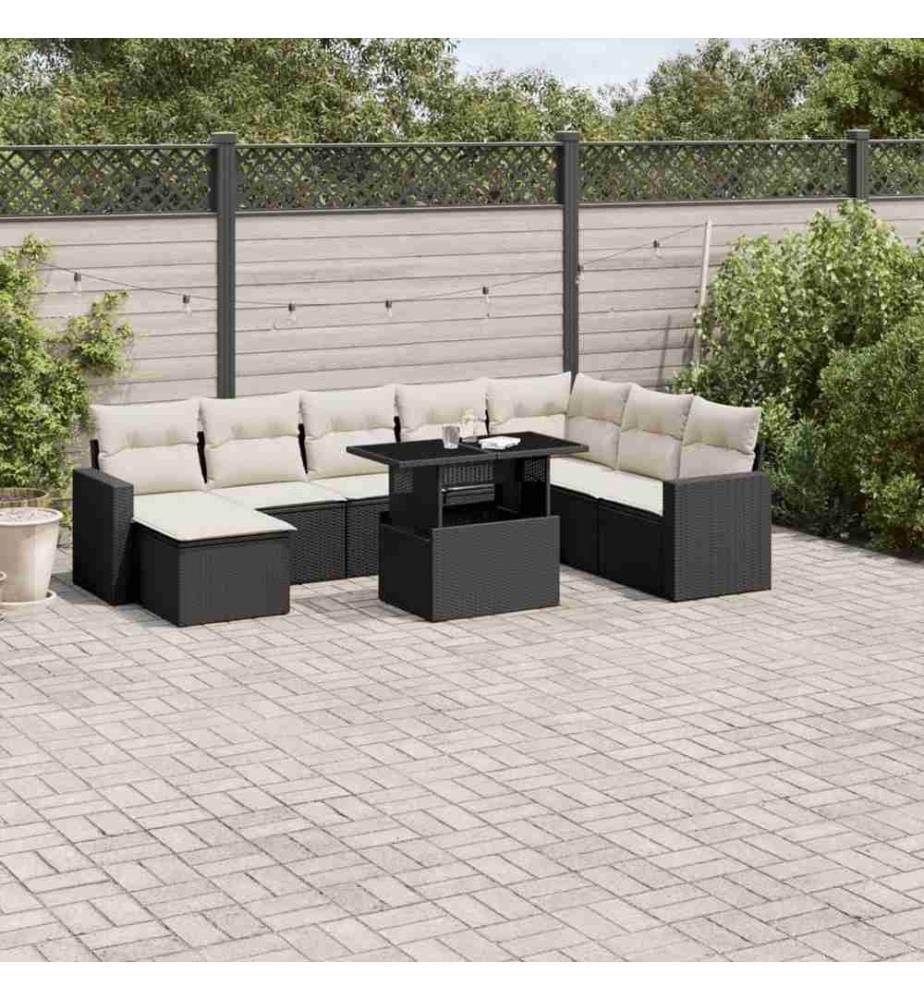 9-tlg. Garten-Sofagarnitur mit Kissen Schwarz Poly Rattan