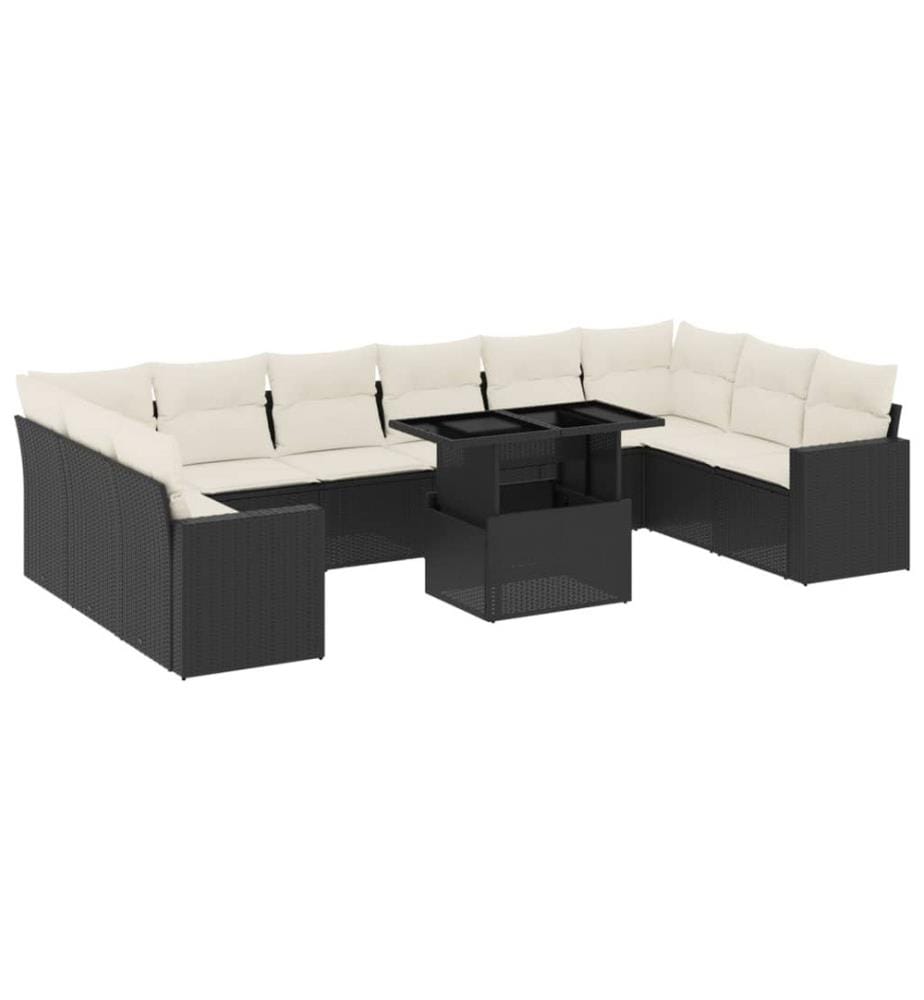 11-tlg. Garten-Sofagarnitur mit Kissen Schwarz Poly Rattan