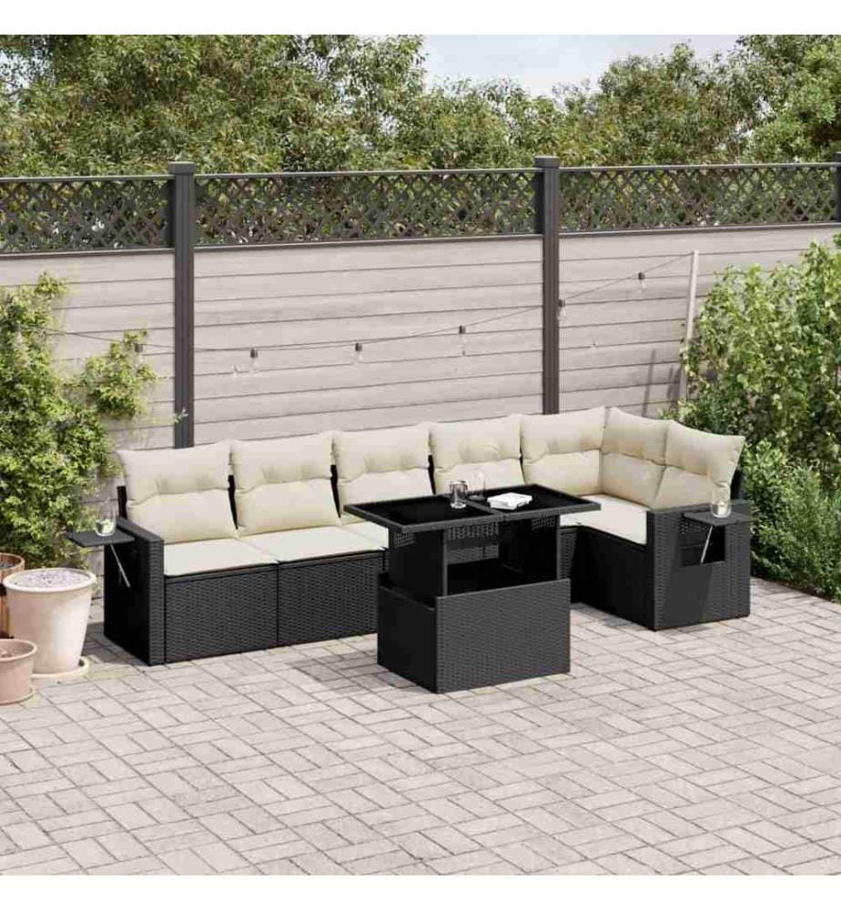 7-tlg. Garten-Sofagarnitur mit Kissen Schwarz Poly Rattan