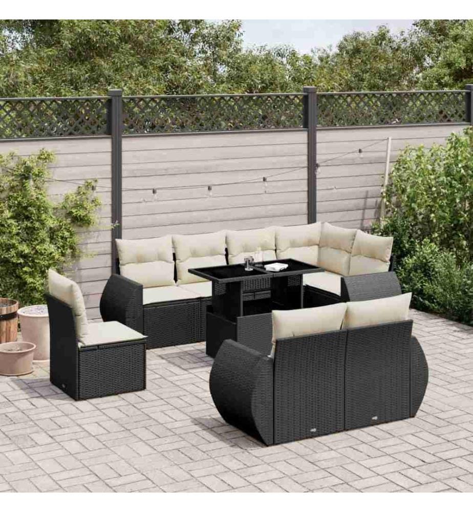 9-tlg. Garten-Sofagarnitur mit Kissen Schwarz Poly Rattan