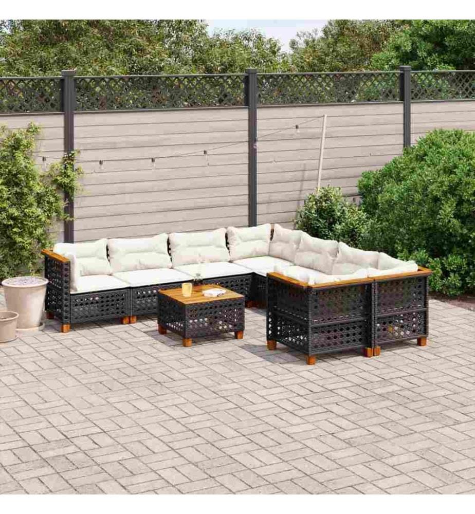 9-tlg. Garten-Sofagarnitur mit Kissen Schwarz Poly Rattan
