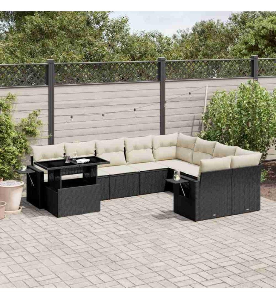 10-tlg. Garten-Sofagarnitur mit Kissen Schwarz Poly Rattan