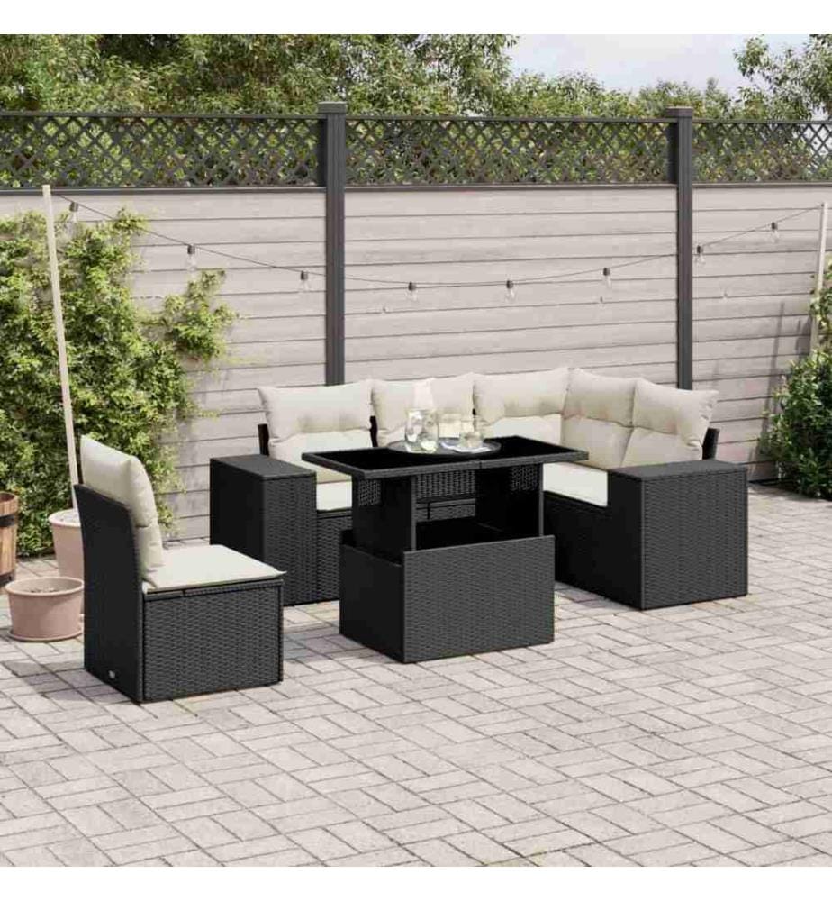 6-tlg. Garten-Sofagarnitur mit Kissen Schwarz Poly Rattan