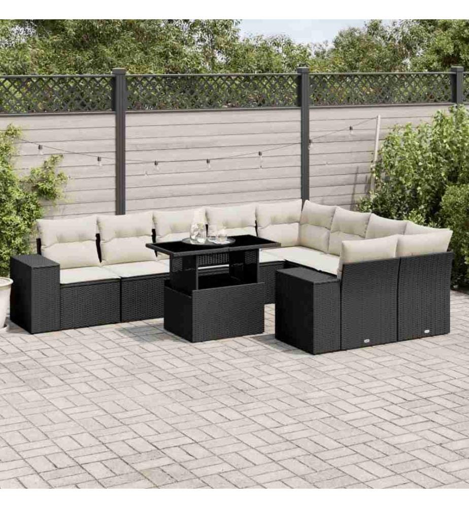 10-tlg. Garten-Sofagarnitur mit Kissen Schwarz Poly Rattan