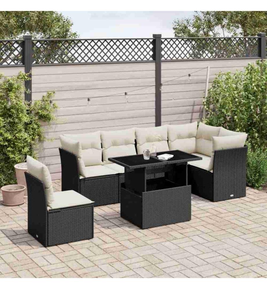 7-tlg. Garten-Sofagarnitur mit Kissen Schwarz Poly Rattan