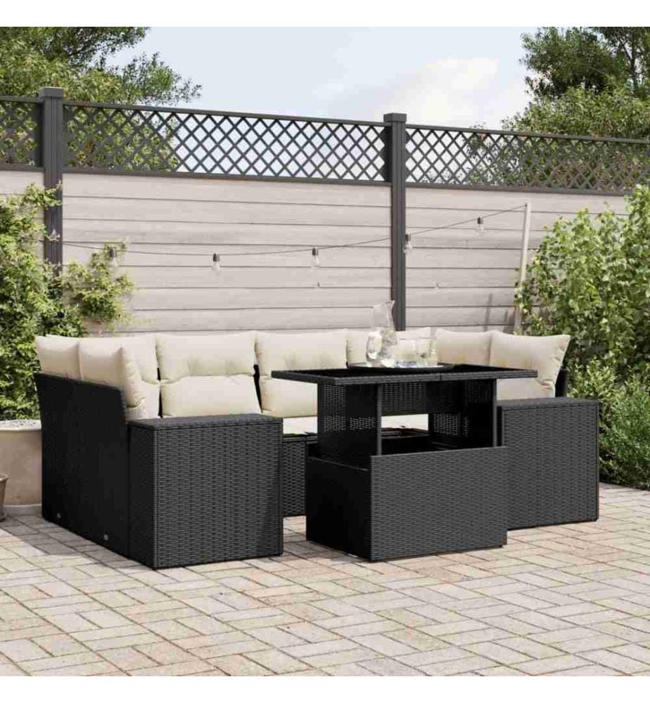 7-tlg. Garten-Sofagarnitur mit Kissen Schwarz Poly Rattan
